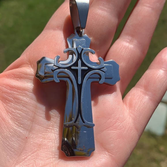 New Two Tone Stainless Steel Cross w/ Large Bail - Picture 9 of 10